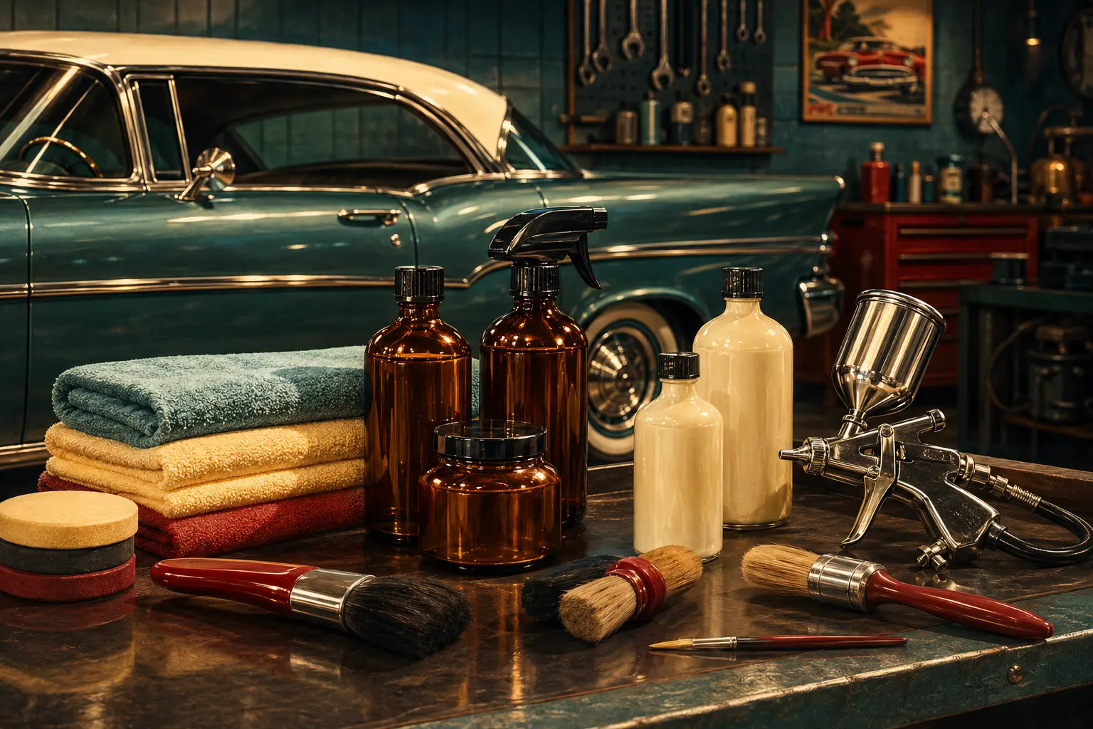 Ilustração retrô de produtos profissionais para estética automotiva
