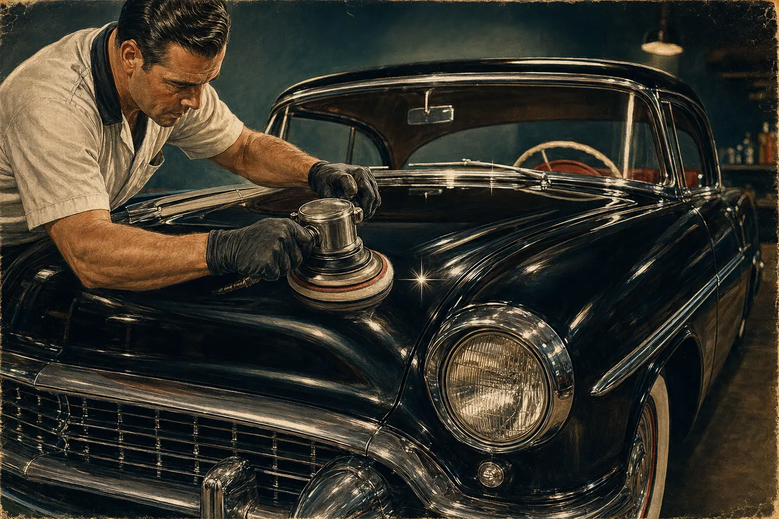 Ilustração retrô de polimento e proteção da pintura